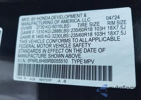 2024 Honda Odyssey Ex-L z USA, uszkodzony, nr VIN 5FNRL6H69RB055510